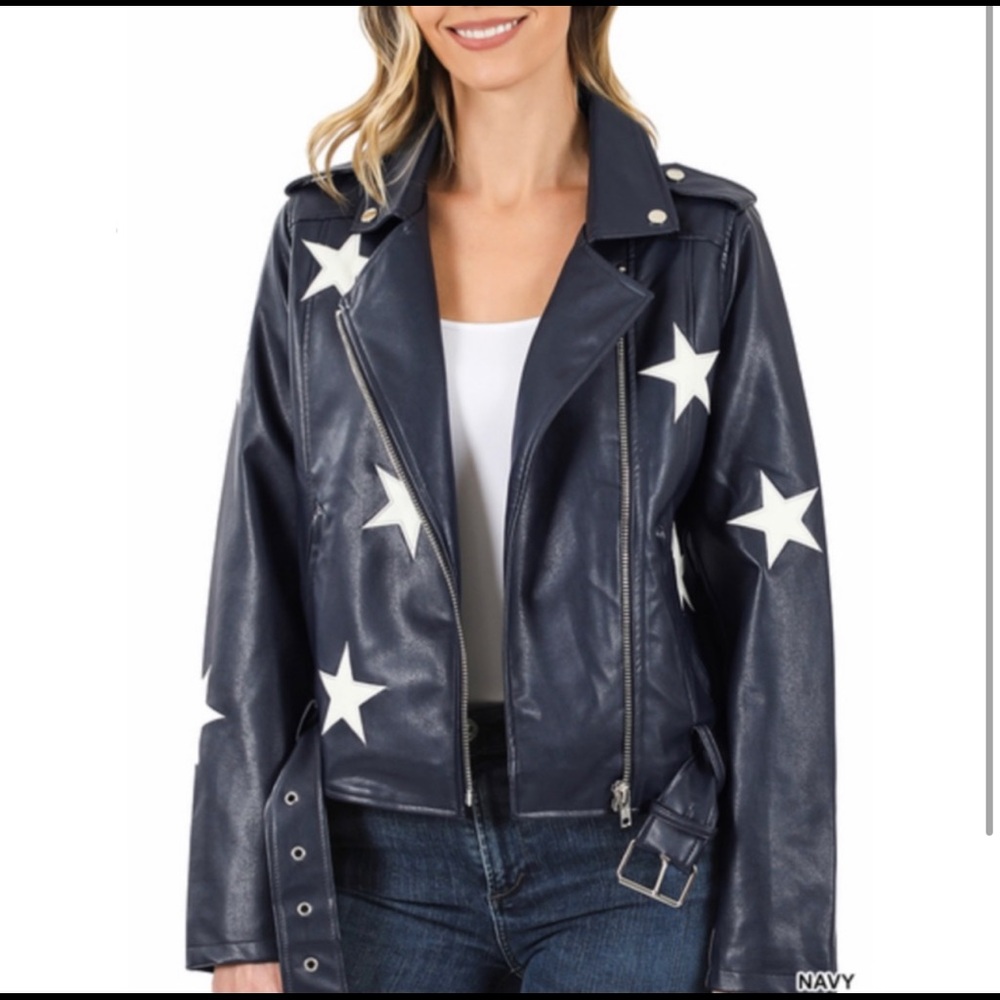 Navy Blue Vegan leather star patch belted Moto jacket